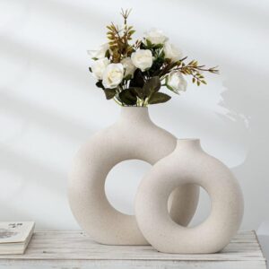 White Textured Ceramic Vase Set of 2 Kenya – Modern Nordic Donut Circle Flower Vases for Minimalist Home Décor
