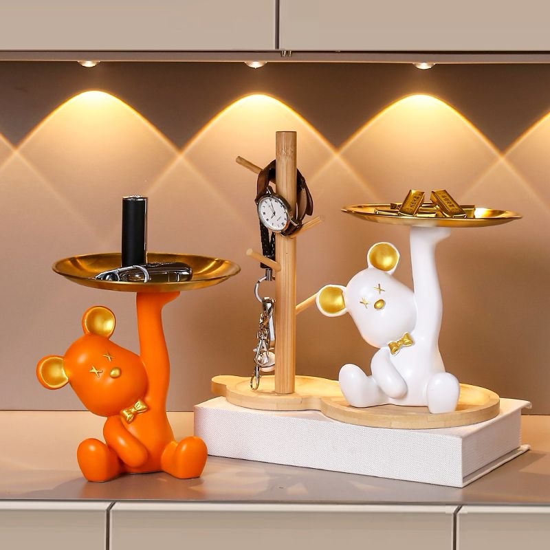 Cartoon Bear Sculpture With Metal Tray - Animal Figurine Storage for Keys and Sundries - Home Decor Gift - Image 2