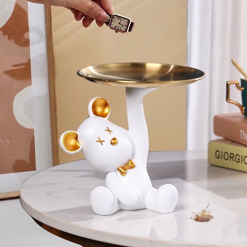 Cartoon Bear Sculpture With Metal Tray - Animal Figurine Storage for Keys and Sundries - Home Decor Gift