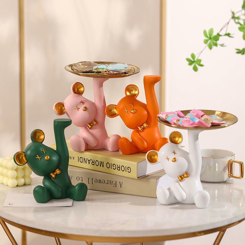 Cartoon Bear Sculpture With Metal Tray - Animal Figurine Storage for Keys and Sundries - Home Decor Gift - Image 3