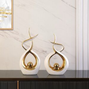 2 Piece Abstract Art Statue Ceramic Sculpture White and Gold