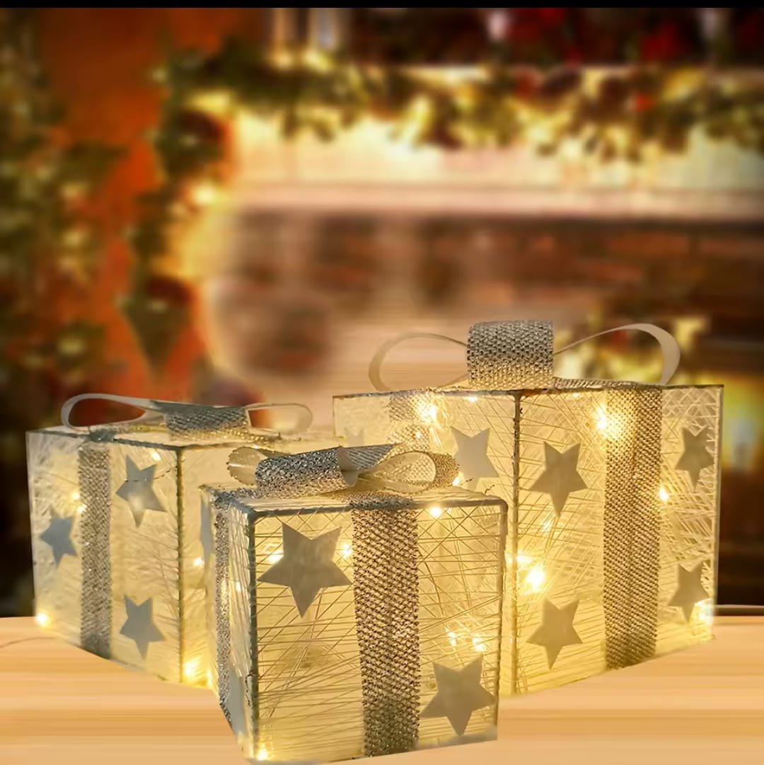 3 pcs set lighted gift box AA battery powered, Festive Illuminated Boxes Size :25*25*30cm, 20*20*25cm,15*15*20cm