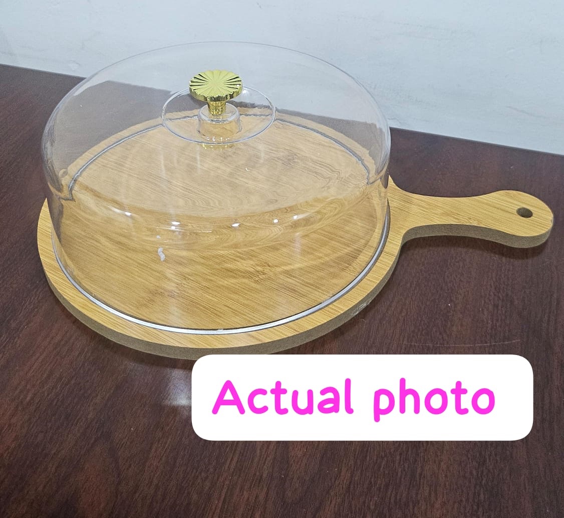 30cm bamboo tray with handle + acrylic dome cover for food bread cake fruits storage now available in 2 wooden base designs