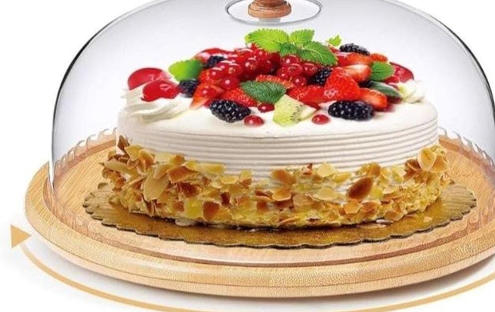 30cm bamboo tray with handle + acrylic dome cover for food bread cake fruits storage now available in 2 wooden base designs - Image 5