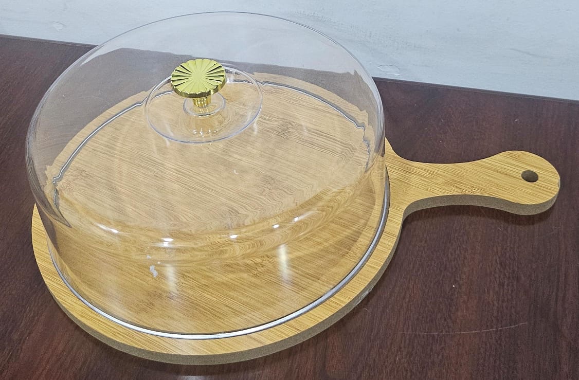 30cm bamboo tray with handle + acrylic dome cover for food bread cake fruits storage now available in 2 wooden base designs - Image 3