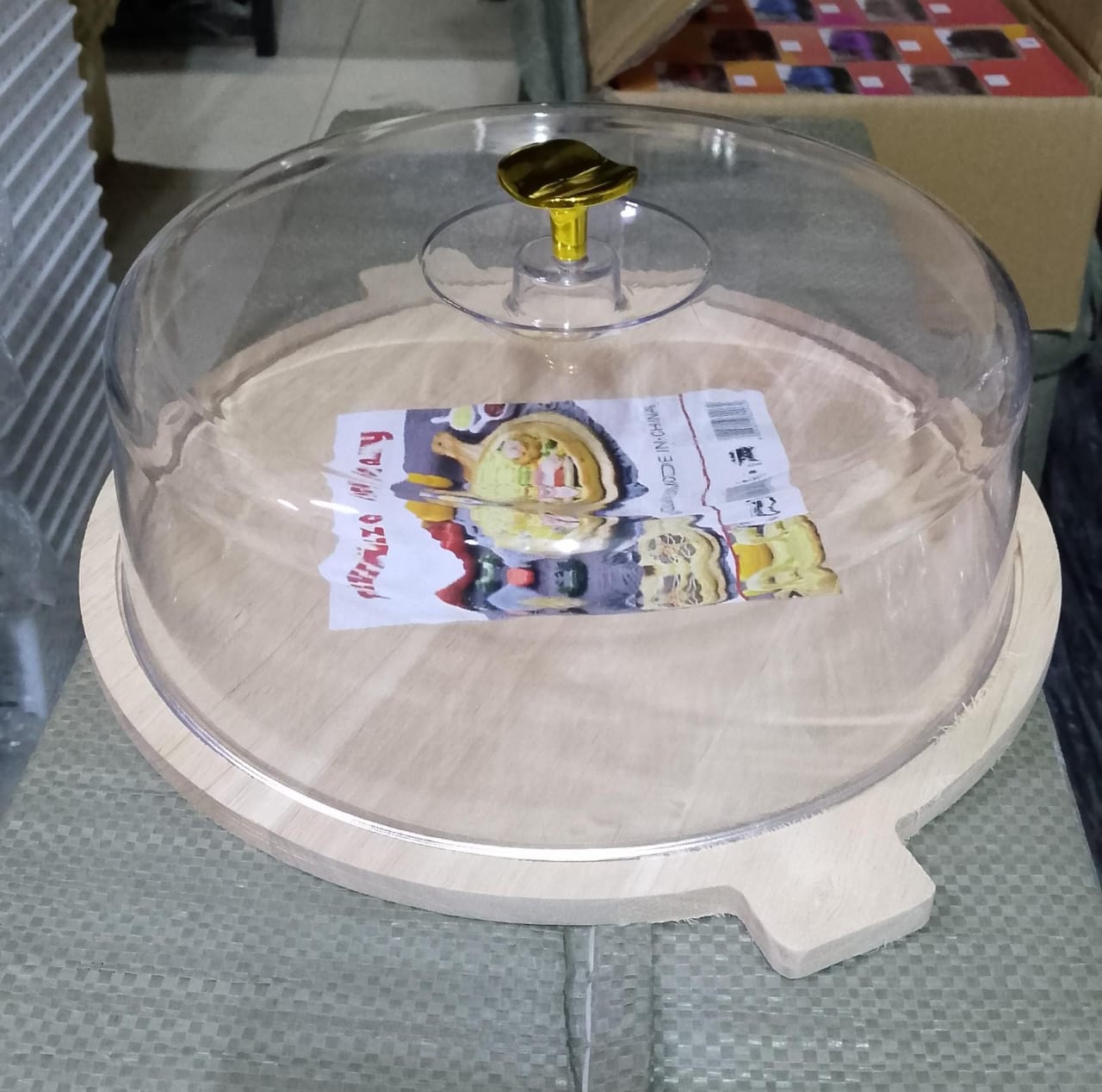 30cm bamboo tray with handle + acrylic dome cover for food bread cake fruits storage now available in 2 wooden base designs - Image 4