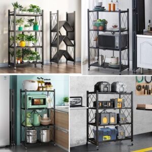 3 Tier Black Folding Shelf Storage Shelves Heavy Duty Foldable Metal Shelving Units Racks with Wheels No Assembly Required Great for Kitchen and Garage Shelf