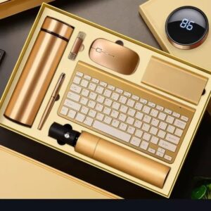 High-end Business gift set Corporate Company business gift present for clients and staff (Gold)
Wireless Keyboard, Mouse, Power bank(has 4 different ports for iPhone port,Type C port, android port, one more extra port), Flash disk, Thermal Cup, Umbrella, Pen, USB cable