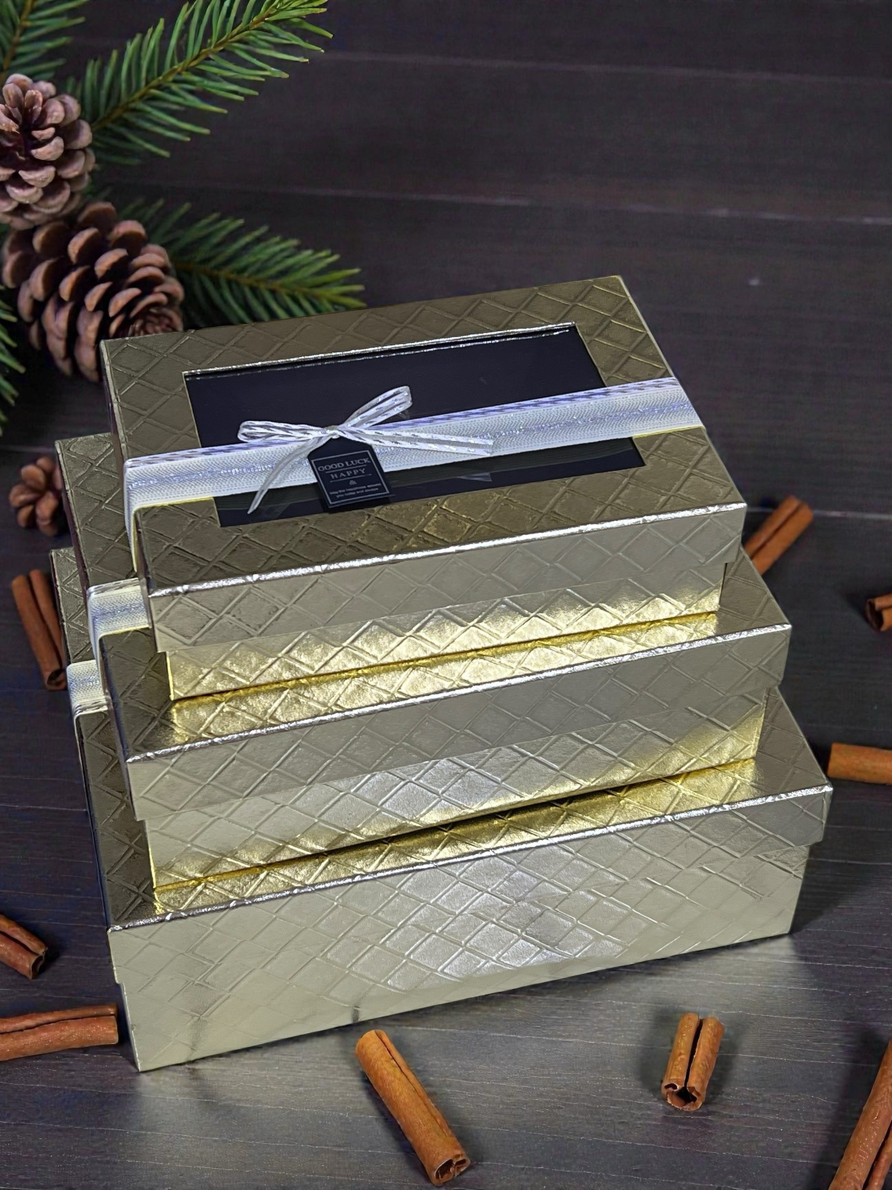 3 Piece Gift Box Rectangular with Window Gold Color Premium Quality Paper Perfect Packaging for Gifts Jewelry Christmas Birthdays Weddings Holidays Eco-Friendly Reusable Box