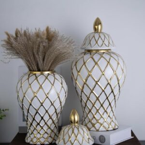 Decorative Ginger jar, Ceramic Ginger jar with lid, Suitable for Farmhouse Tabletop, Wedding Decoration, Office, White and Gold