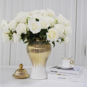 Ginger Jar, White Gold Ceramic Large Vase for Decor Decor, Modern Handmade Decorative Flower Vase, Porcelain Ginger jar with lid for Kitchen