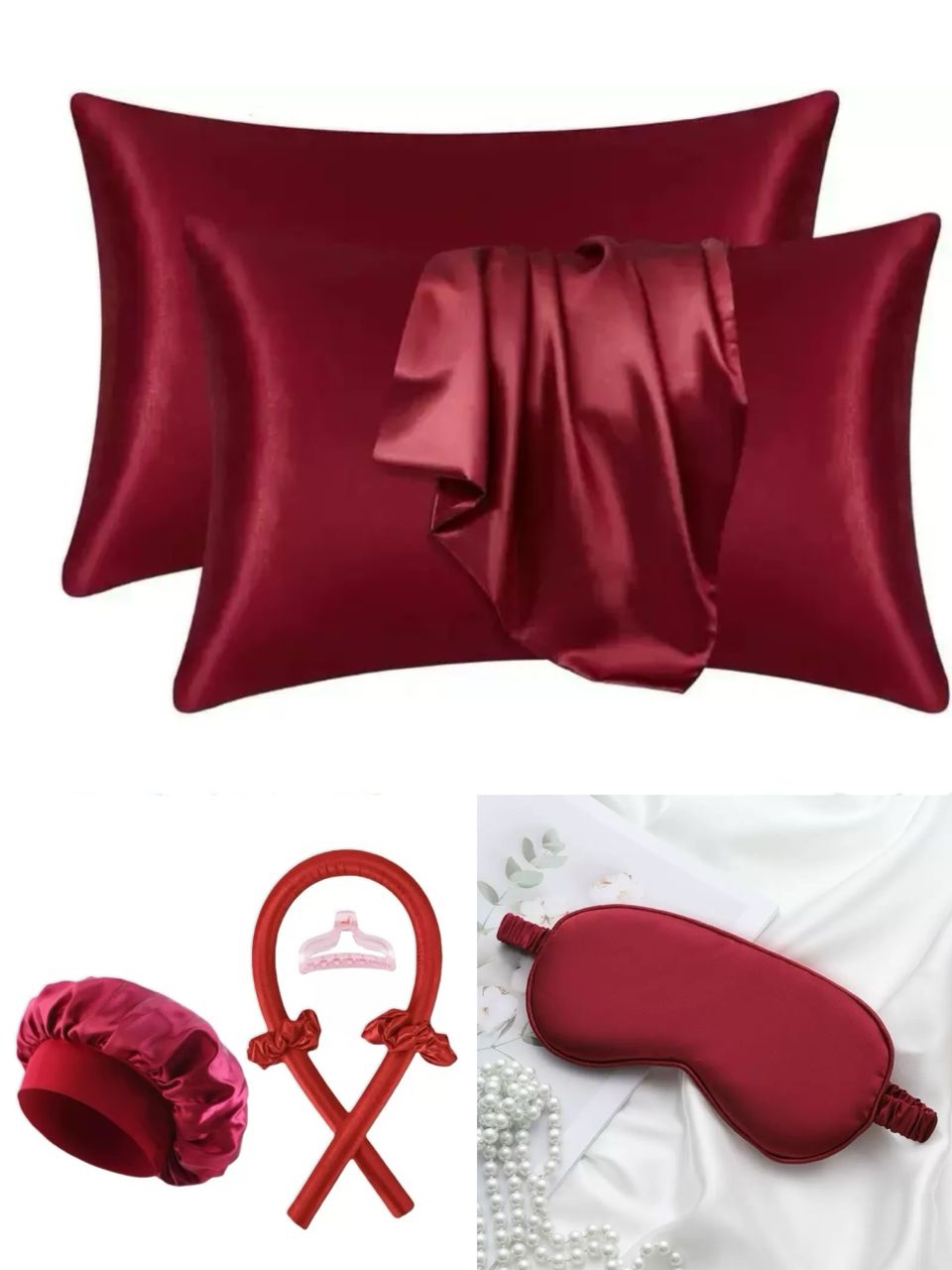 7 in 1 Ladies sleeping silk night set contains Pillow case, Eye mask, Heatless curling headband, Hair bonet, Hair clip, Hairband Maroon, Cream, Black, Pink