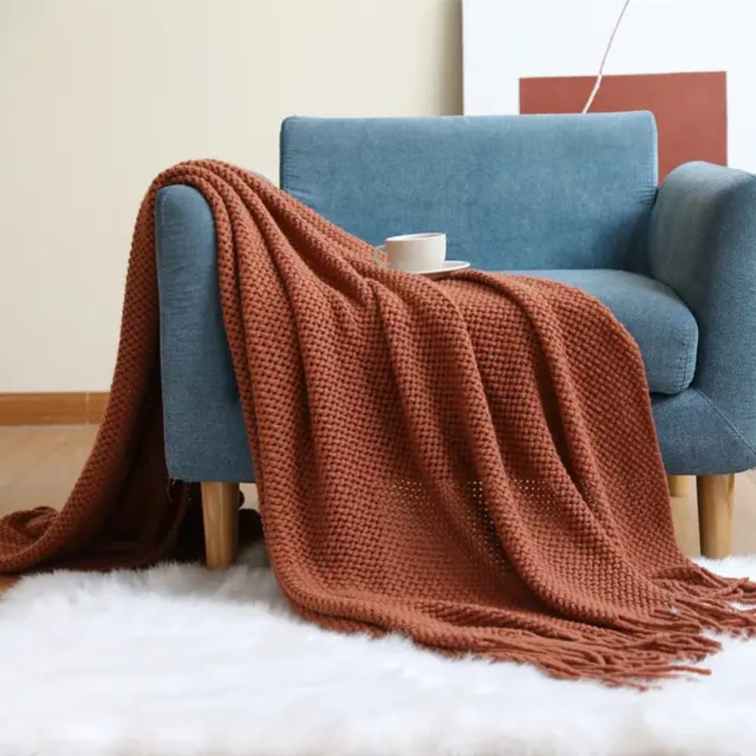 Jacquard Knitted tassel blankets /shawl throw blankets Decorative Sofa or bed throw Acrylic Cashmere Mustard Yellow Burnt Orange White Yellow Gray Turquoise - Image 3