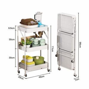 Exquisite Bathroom Shelves Carts,Trolley Folding Office Storage Shelf Folding with Wheels 3-Tier Slide Out Storage Cart with Two Lockable Wheels for Bathroom, Kitchen, Bedroom, White