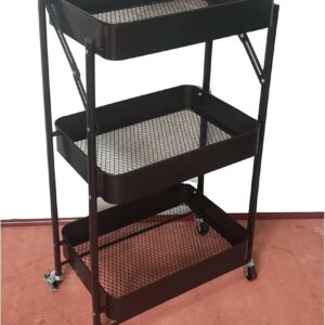 Foldable 3 Layer Rolling Cart Kitchen Cart Metal Utility Cart Nursery Storage Rack on Wheels Book Cart Snack Cart Craft Cart Bathroom Cart Art Cart Trolley Organizer Serving Cart Food Cart (Black)