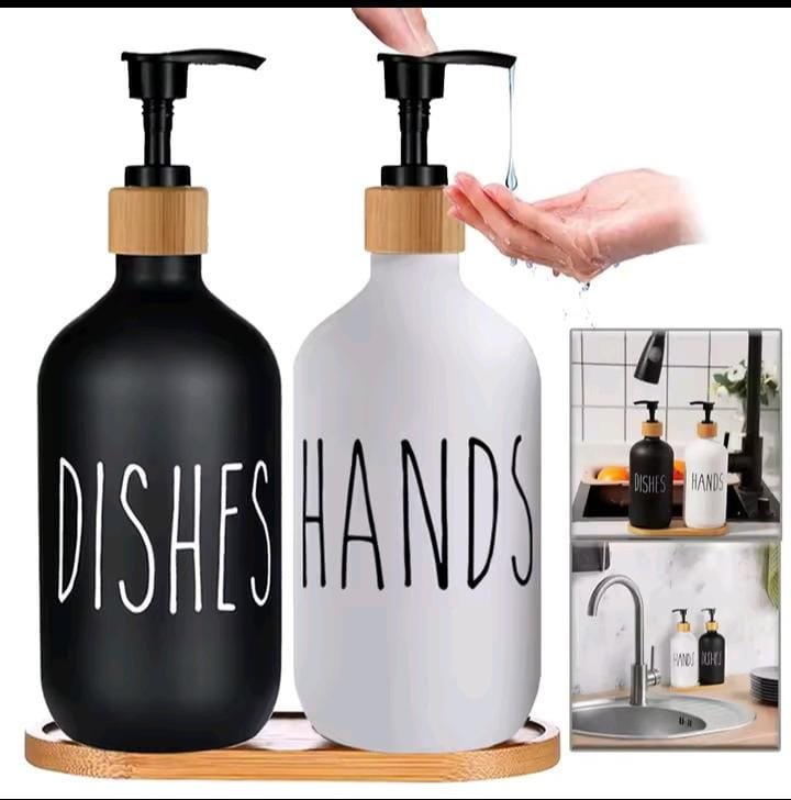 Ceramic Soap Dispenser Set with Bamboo Stand – Black/White | Bathroom & Kitchen Decor Kenya