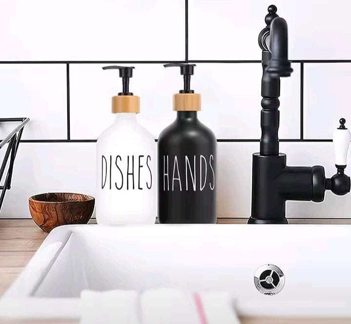 Ceramic Soap Dispenser Set with Bamboo Stand – Black/White | Bathroom & Kitchen Decor Kenya - Image 2