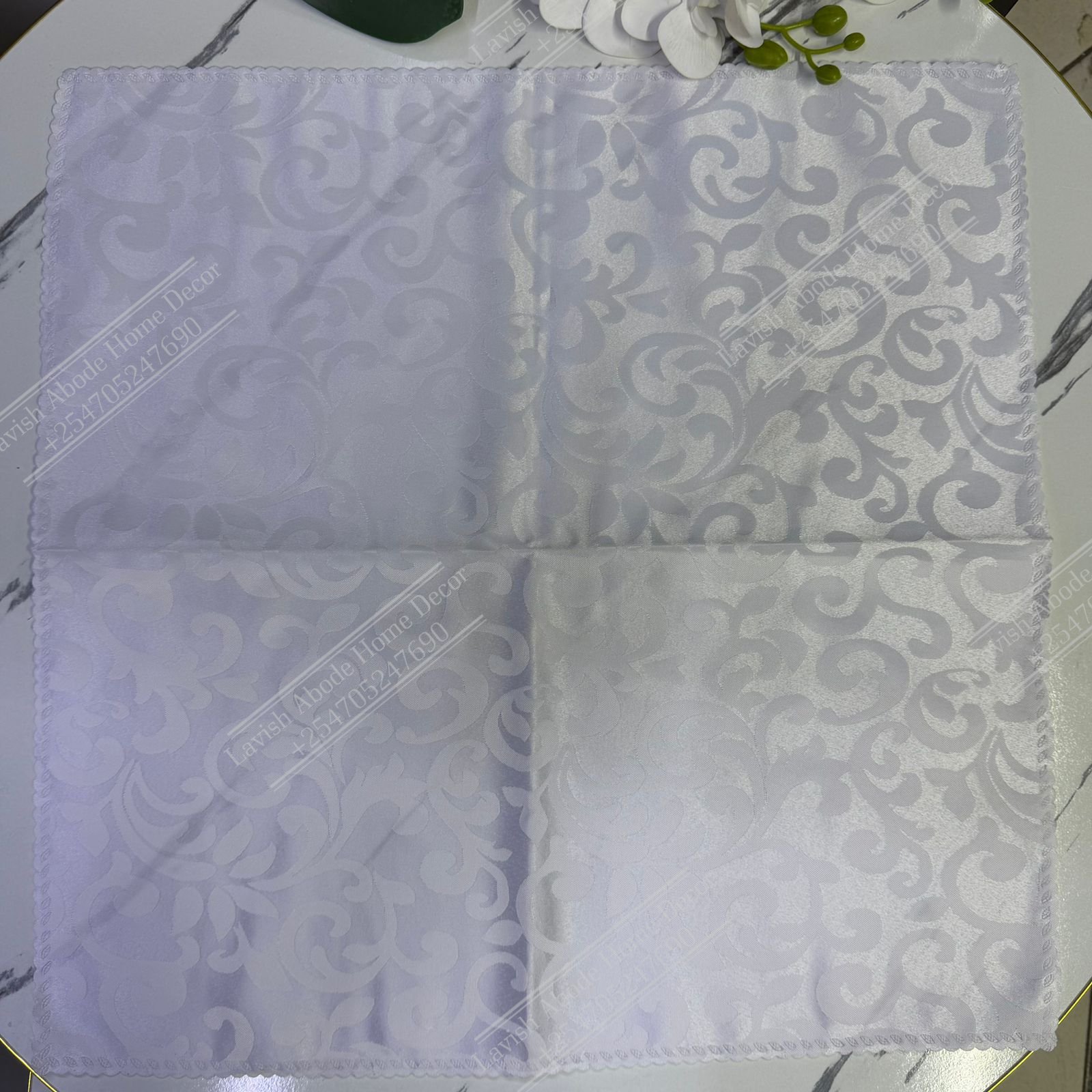 White Damask Cloth Dining Napkins 20×20 – Reusable & Washable | Table Decor Kenya Flower Design - Image 2