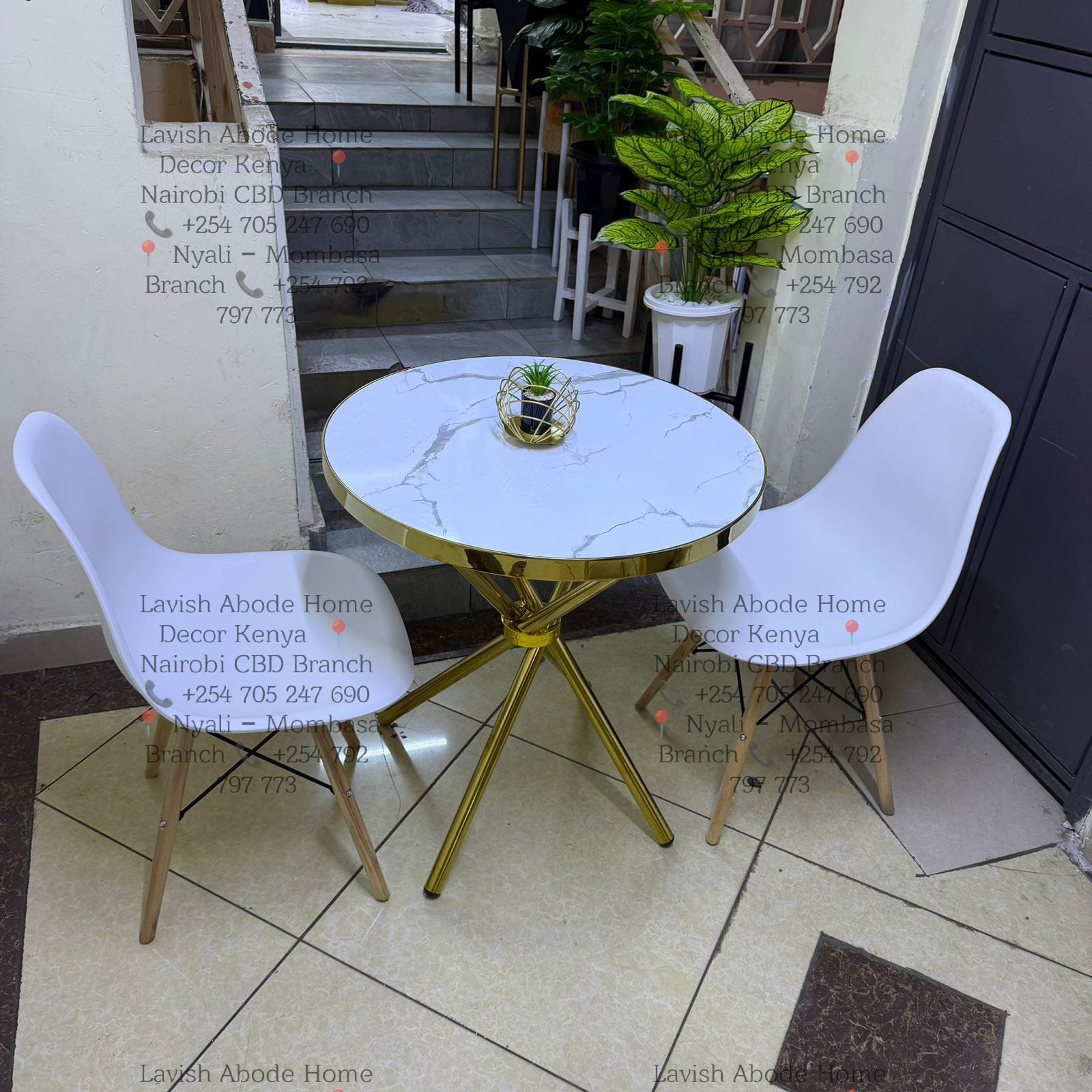 Round Marble Effect Dining Table with 2 White Eames Chairs – Modern Dining Set | Furniture Kenya