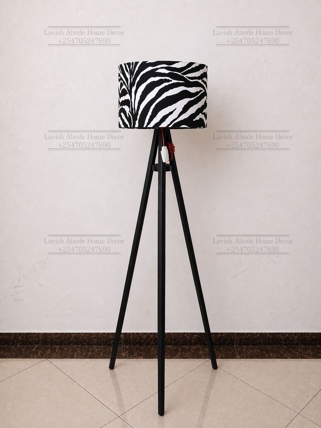 Black & White Zebra Tripod Floor Lamp – Wooden Stand with Fabric Shade | Modern Lighting Kenya