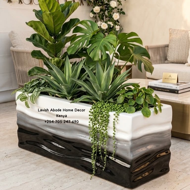 Modern Rectangular Fibre Planter Trough – Black, Gray & White Wave Design | Luxury Home Decor Kenya - Image 2