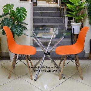 Glass Dining Table Set Kenya with Orange Eames Chairs – Modern 2-Seater Dining Furniture