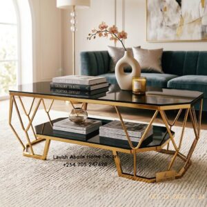Modern Black Glass Coffee Table with Gold Geometric Frame – Luxury Living Room Furniture Kenya