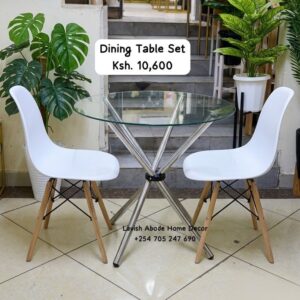 2-Seater Glass Dining Table Set Kenya – Modern Table with White Eames Chairs