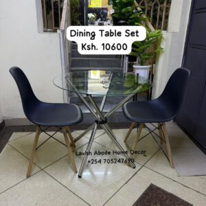 2-Seater Glass Dining Table Set Kenya – Modern Table with Black Eames Chairs