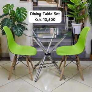 2-Seater Glass Dining Table Set Kenya – Modern Table with Green Eames Chairs