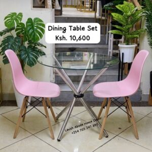 2-Seater Glass Dining Table Set Kenya – Modern Table with Pink Eames Chairs