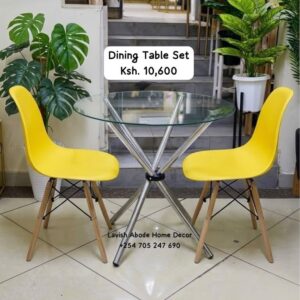 2-Seater Glass Dining Table Set Kenya – Modern Table with Yellow Eames Chairs