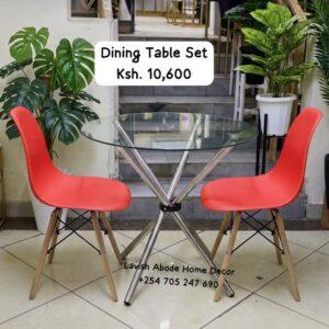 2-Seater Glass Dining Table Set Kenya – Modern Table with Red Eames Chairs