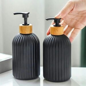 Ribbed Ceramic Soap Dispenser 400ml Kenya – Bamboo Style Lotion and Hand Soap Pump