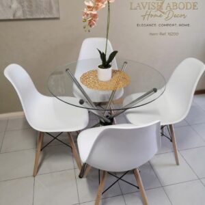 4-Seater Glass Dining Table Set Kenya – Round Table with White Eames Chairs